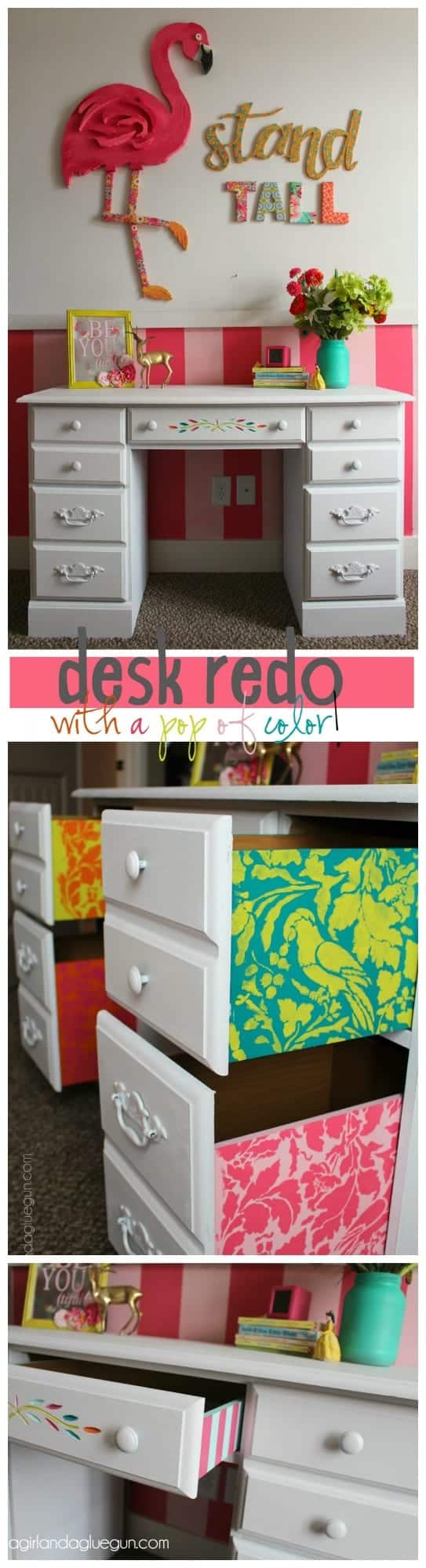 desk for little girls room repainted and stencil inside of drawers for a pop of color!