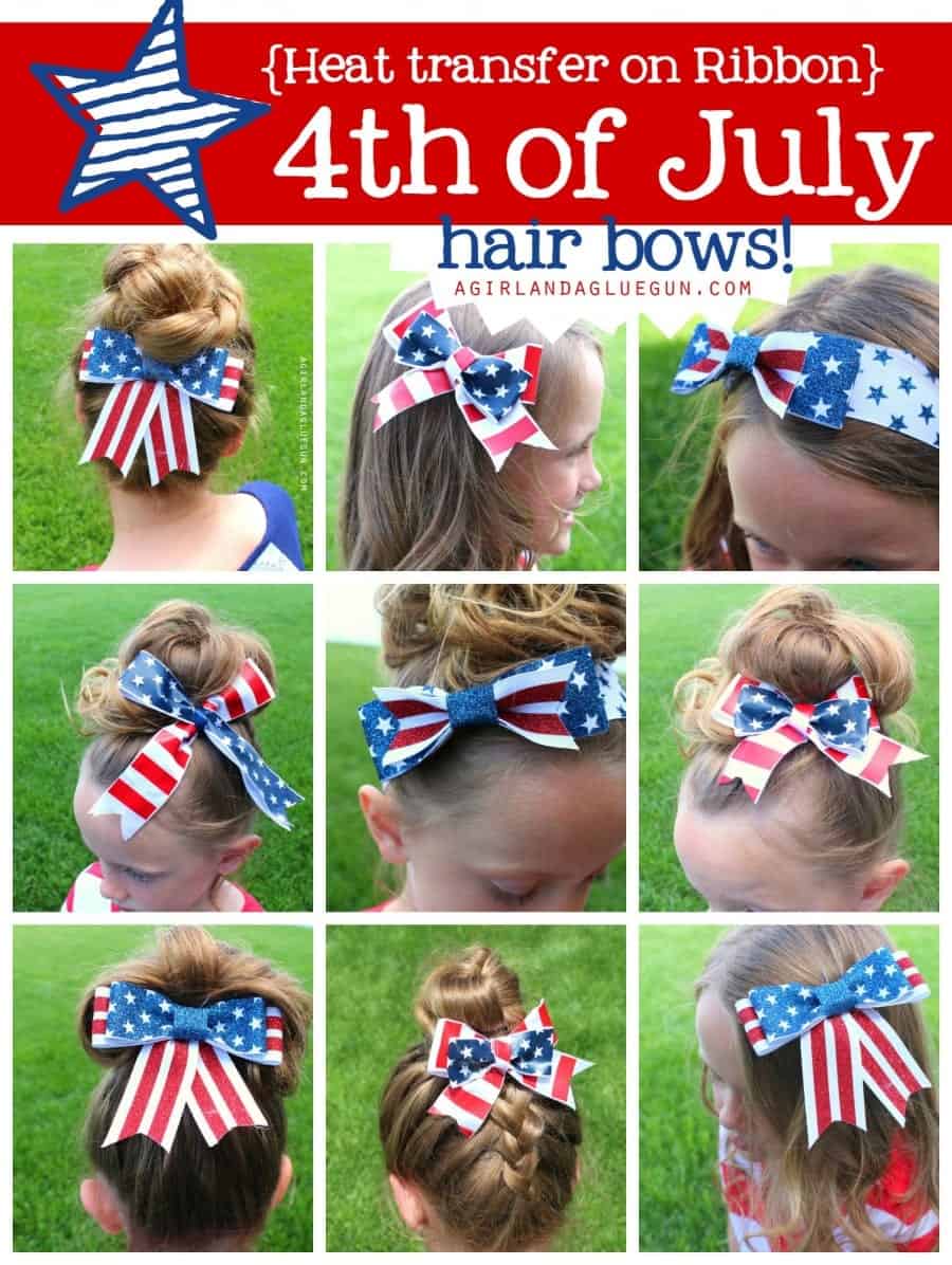 heat transfer iron on vinyl for ribbon on 4th of July Patriotic hair bows a girl and a glue gun