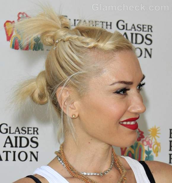 Gwen-Stefani-funky-double-knotted-braid-bun-hairstyle