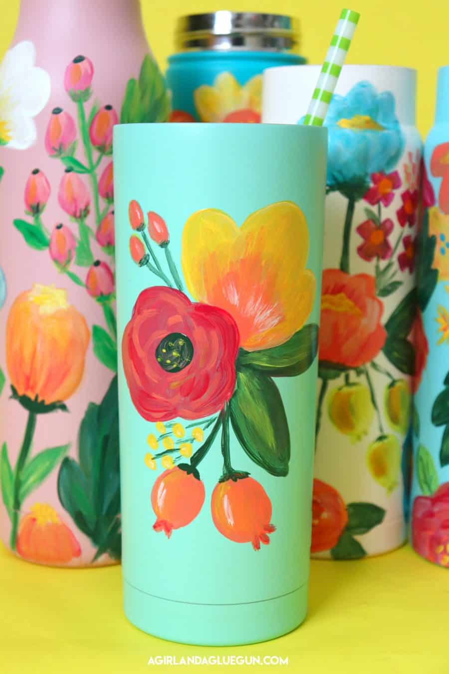 Hand-painted water bottles - A girl and a glue gun
