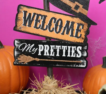 cute witch broom sign for halloween