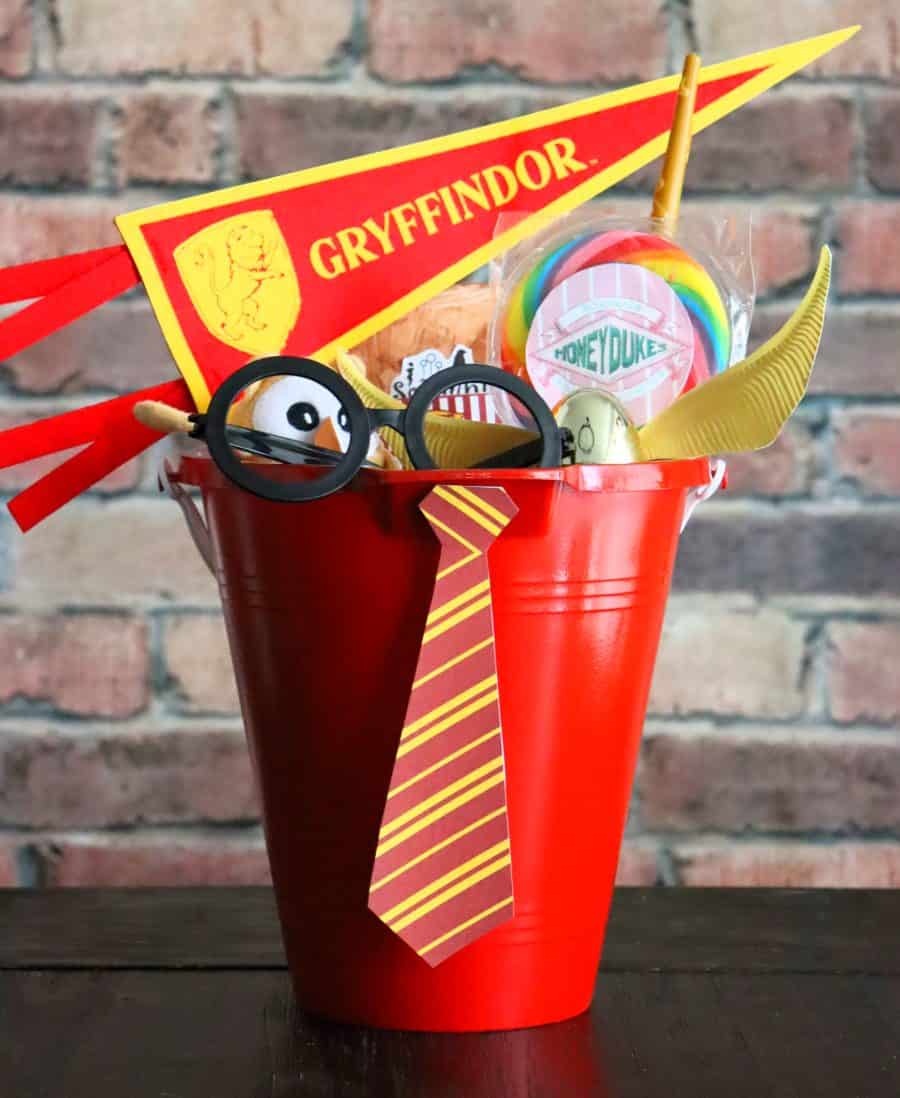 bucket full of harry potter toys and candies