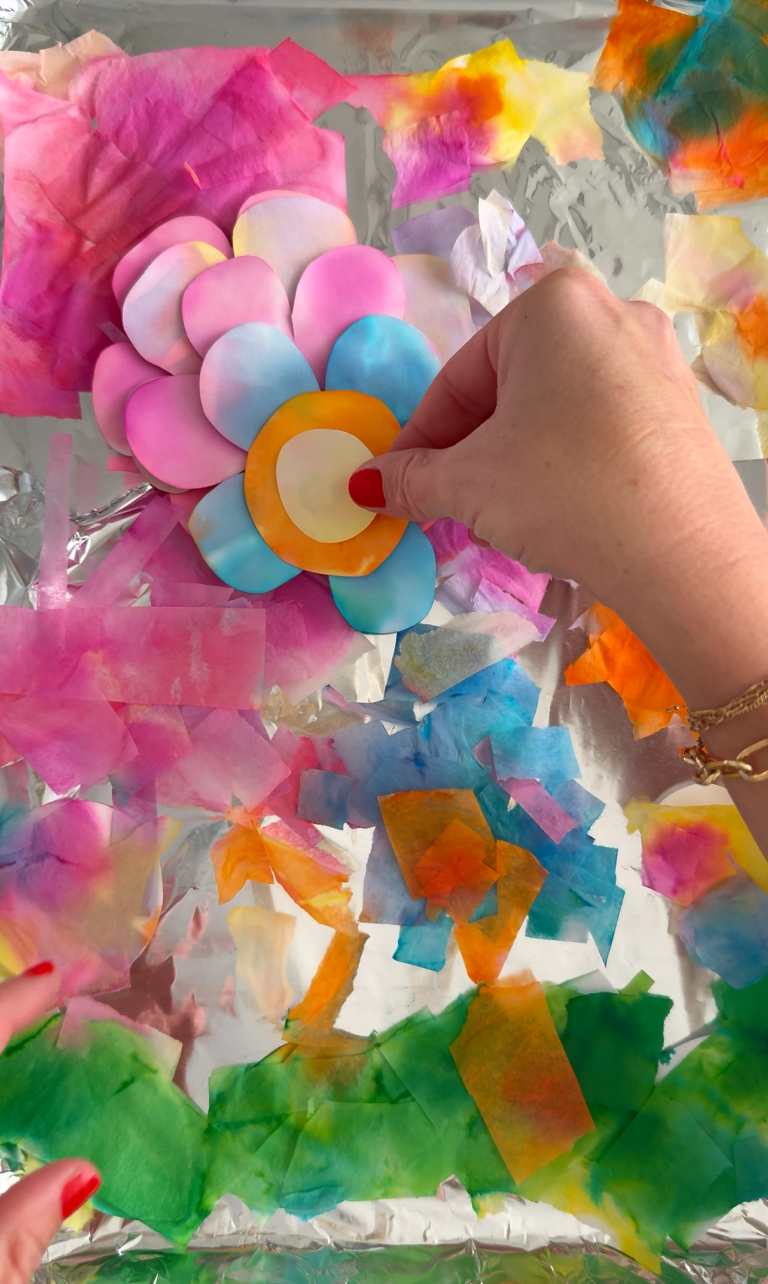 Tissue Paper Spring Craft for Kids - A girl and a glue gun